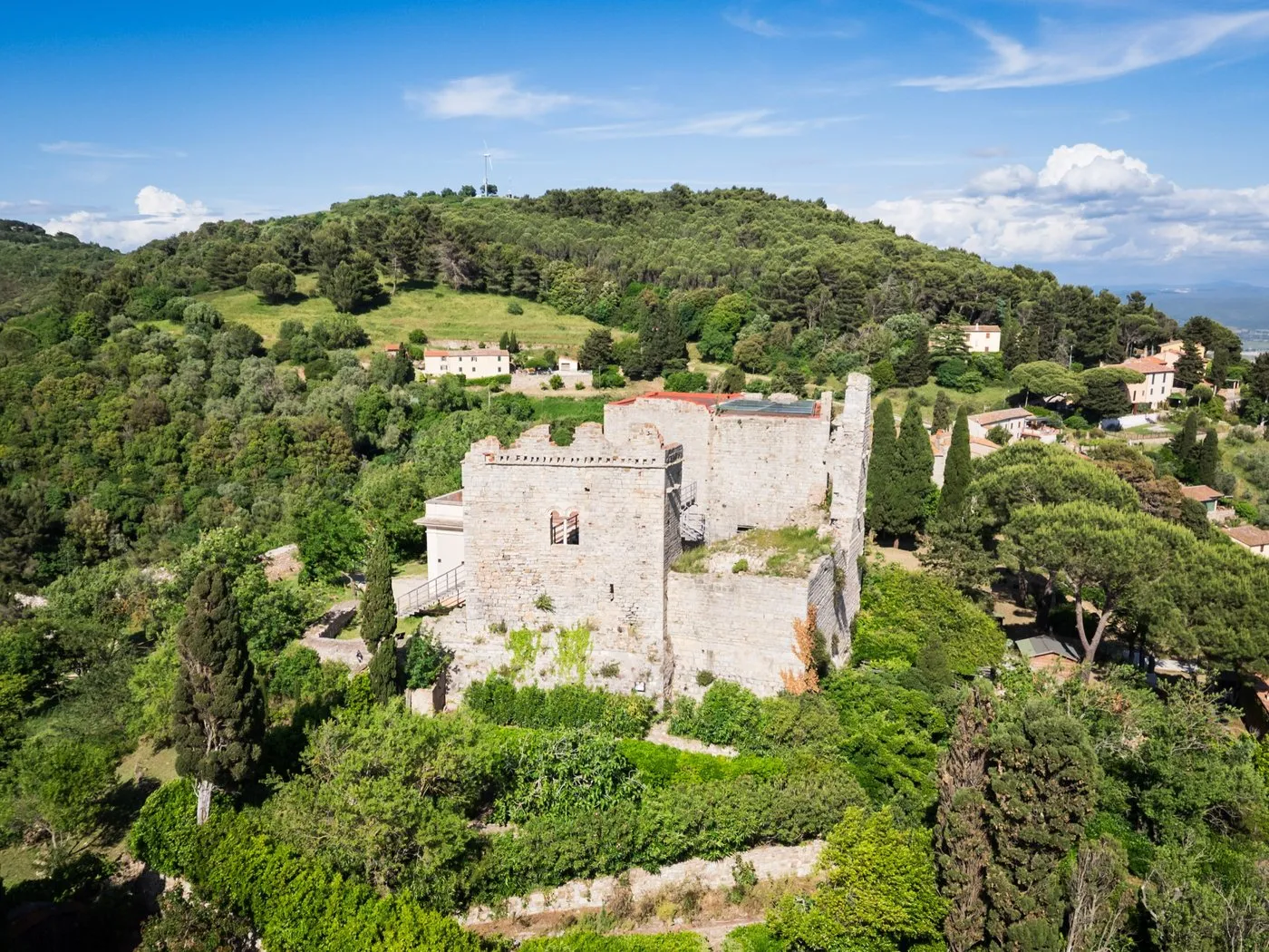 The Rocca of Campiglia Marittima seen from above, among olive groves and woods